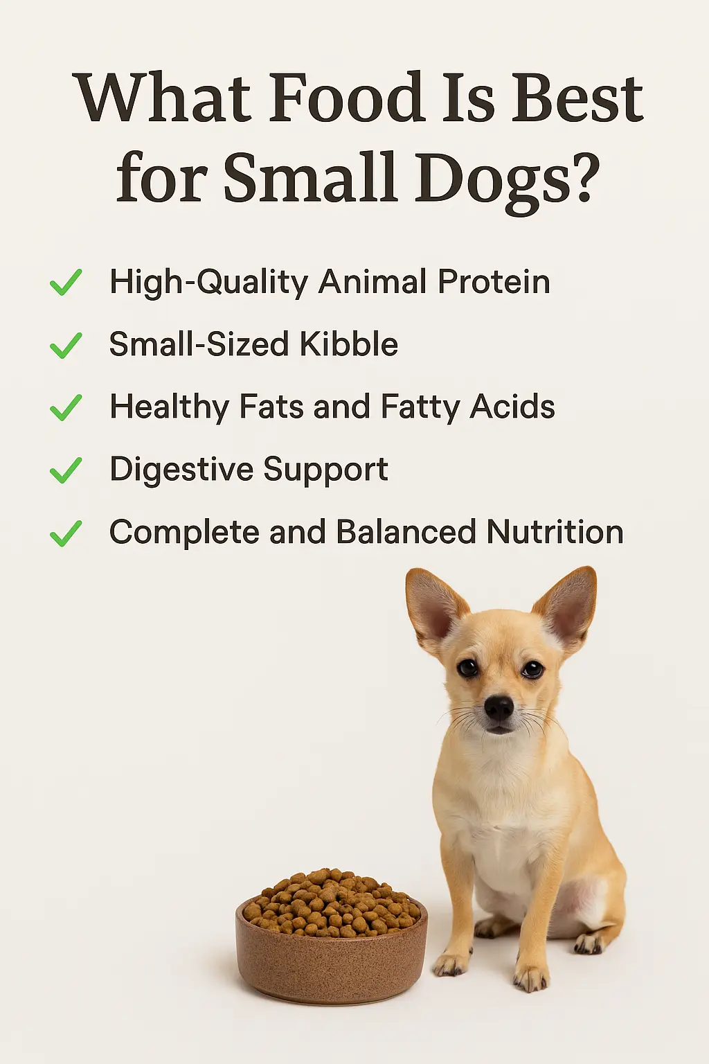 Understanding the Nutritional Needs of Small Dogs When it comes to our furry friends, size truly does matter especially when it comes to their nutrition. Small dogs are called furry friends. Small dogs may look tiny and delicate, but their nutritional needs can be surprisingly complex. Whether you’re a first-time small dog owner or simply trying to upgrade your pup’s diet, understanding what your small dog really needs can make all the difference in their health and happiness. So. In this blog, you will know What Food Is Best for Small Dogs? If anybody has any questions, you can say me. We will answer as soon as possible. Why Size Matters in Dog Nutrition Small breed dogs, typically weighing under 20 pounds, have faster metabolisms compared to larger breeds. This means they burn energy quickly and require more calories per pound of body weight. But that doesn't mean just feeding them more food—it means feeding them better food. These pint-sized pups also have smaller stomachs, which means every bite counts. Their food needs to be packed with high-quality nutrients that support their energy levels without overwhelming their tiny digestive systems. Key Nutritional Requirements for Small Dogs Let’s break down the essential components of a balanced diet for small breed dogs: 1. High-Quality Protein Protein is the building block of muscles, and small dogs need a good amount to maintain their strength and energy. Look for food with named animal proteins like chicken, beef, lamb, or fish listed as the first ingredient. 2. Healthy Fats for Energy Fats are an important energy source. They also help keep your dog’s coat shiny and skin healthy. Small breeds need slightly more fat in their diet to match their active lifestyle. Look for sources like chicken fat, salmon oil, or flaxseed oil. 3. Balanced Carbohydrates Carbohydrates supply energy and aid digestion. Whole grains like brown rice, oats, or sweet potatoes are great options. For grain-sensitive pups, go for grain-free formulas with veggies like peas and lentils. 4. Vitamins and Minerals Small dogs need adequate levels of calcium, phosphorus, and other vitamins to maintain bone health and a strong immune system. This is especially important for puppies and senior dogs. 5. Omega-3 and Omega-6 Fatty Acids These support brain development, heart health, and reduce inflammation. They’re often found in fish oil and flaxseed. Small Dogs, Big Appetites (and Attitudes) Small dogs do not understand for time table of food. So, every dog owner will be conscious about this topic. Small breeds often have big personalities and big appetites. But due to their size, overeating can lead to obesity very quickly. It’s important to control portions, follow a feeding schedule, and resist those pleading puppy eyes! Also, smaller dogs can be more prone to dental issues, so consider: Kibble that supports dental health Regular brushing and dental chews Special Considerations by Life Stage Puppies: Need more calories, protein, and DHA (for brain development) Adults: Require maintenance diets with balanced nutrients Seniors: Need fewer calories and more joint support (glucosamine, chondroitin) Always choose a food labeled for your dog’s life stage, and consult your vet for tailored advice. Small dogs may be little in size, but their nutritional needs are anything but small. Whether you’ve got a spunky Chihuahua, a cuddly Shih Tzu, or a curious Pomeranian, finding the best dog food for small breeds is essential to keep them healthy, energetic, and happy. In this post, we’ll break down what makes small breed food different, what ingredients to look for, and the top features that matter most for your mini companion. Why Small Breeds Need Special Dog Food Small dogs have fast metabolisms and burn energy quicker than large breeds. This means they need: More calories per pound Smaller kibble size for their tiny mouths Nutrient-rich formulas to fuel their active lifestyle A generic “all-breed” dog food may not meet these specific needs and can lead to issues like weight gain, dental problems, or digestive upset. Key Features of the Best Small Breed Dog Foods When shopping for small dog food, here’s what to look for: 1. High-Quality Protein Small breeds need strong muscles to support their energetic nature. Look for real meat like chicken, turkey, beef, or salmon as the first ingredient. 2. Healthy Fats for Energy and Skin Fats are a key energy source. Ingredients like chicken fat, fish oil, and flaxseed provide essential Omega-3 and Omega-6 fatty acids, which support: Skin and coat health Brain development Heart function 3. Small, Crunchy Kibble Tiny mouths need small-sized kibble that’s easy to chew and helps prevent dental plaque. 4. Digestive Support Small dogs often have sensitive stomachs. Look for: Probiotics Prebiotic fiber Easily digestible grains (like brown rice or oatmeal) Or choose grain-free options if your dog is sensitive to grains. 5. Life-Stage Specific Nutrition Choose formulas made specifically for: Puppies: Extra protein, DHA, and calories Adults: Balanced energy and maintenance nutrients Seniors: Fewer calories, joint support, and antioxidants Top Recommended Ingredients for Small Breeds Here are some ingredients to look for on the label: Chicken, turkey, beef, or lamb Brown rice or sweet potatoes Fish oil or flaxseed Blueberries, carrots, and spinach Probiotics (e.g., Lactobacillus acidophilus) Is High-Protein Food Good for Small Dogs? Yes, high-protein food can be very beneficial for small dogs—when it's balanced and high-quality. Small breeds are full of energy and burn calories quickly, so they need nutrient-dense meals to stay strong and active. High-protein diets help: Build and maintain lean muscle Support healthy skin and coat Provide lasting energy for playful pups But not all protein is equal. Look for real, named meats like chicken, beef, turkey, or salmon—not meat by-products or fillers. Also, balance matters. Excessive protein without proper fat, fiber, and carbs can lead to digestive issues. Is Grain-Free Food Good for Small Dogs? Grain-free food can be a great option for some small dogs—especially those with grain allergies or sensitive stomachs. By removing common grains like wheat, corn, and soy, these diets often reduce the risk of digestive upset, skin irritation, and food sensitivities. Instead of grains, grain-free formulas use alternatives like sweet potatoes, peas, or lentils, which provide energy and fiber without the allergens. However, not all small dogs need a grain-free diet. In fact, whole grains like brown rice and oats can be very nutritious and easy to digest for many pups. Best Dry Food for Small Dogs The best dry food for small dogs is one that meets their unique nutritional needs in a size and texture they can comfortably chew. Small breeds need calorie-dense kibble packed with high-quality ingredients to support their fast metabolism and active lifestyle. When choosing dry food, look for: Real meat (chicken, turkey, or salmon) as the first ingredient Small-sized kibble for easy chewing and better dental health Healthy fats like fish oil for skin and coat support Probiotics and fiber for digestion No fillers, artificial colors, or by-products Top-rated brands often offer small breed-specific formulas that are rich in protein and balanced with essential vitamins and minerals. What Food Is Best for Small Dogs? Small dogs do not understand when you need food. So, everyone will be conscious about small dog nutrition. Feeding your small dog the right food is one of the most important steps to keeping them healthy, energetic, and happy. But with so many options available, it’s easy to feel overwhelmed. So, what food is actually best for small dogs? The Best Food for Small Dogs: What to Look For Small breeds have fast metabolisms and small stomachs, so they need nutrient-dense food in small portions. Here’s what makes the best food for your little companion: ✅ 1. High-Quality Animal Protein Protein is essential for muscle strength and energy. Look for real meat like chicken, turkey, lamb, or salmon as the first ingredient. It should be clearly named—not vague terms like "meat meal." ✅ 2. Small-Sized Kibble Dry food designed for small breeds features smaller kibble that's easier for little mouths to chew and helps reduce plaque buildup. ✅ 3. Healthy Fats and Fatty Acids Fats provide energy and keep your dog’s skin and coat shiny. Ingredients like salmon oil and flaxseed offer Omega-3 and Omega-6 fatty acids. ✅ 4. Digestive Support Small dogs can have sensitive stomachs. Look for food with: Prebiotics and probiotics Easily digestible ingredients Fiber-rich carbs like sweet potatoes or oats ✅ 5. Complete and Balanced Nutrition Ensure the food is AAFCO-approved (or meets your local nutrition standards) and tailored to your dog’s life stage—puppy, adult, or senior. What Is the Healthiest Food for Small Dogs? The healthiest food for small dogs is one that’s high in quality, rich in nutrients, and tailored to their unique needs. Because small breeds have fast metabolisms and smaller stomachs, every bite needs to count. Key Features of Healthy Small Dog Food: ✅ Real meat (like chicken, beef, or fish) as the first ingredient ✅ Healthy fats (e.g., salmon oil, flaxseed) for skin and coat ✅ Small kibble size for easy chewing and better dental health ✅ Digestive support with fiber, probiotics, and natural ingredients ✅ No artificial colors, fillers, or by-products Some of the healthiest options also include whole grains like brown rice or grain-free alternatives like sweet potatoes—depending on your dog’s needs. FAQ Questions What Ingredients Should I Avoid in Small Dog Food? Answer: Avoid low-quality fillers and artificial additives that offer little nutritional value. These include: Corn, wheat, or soy (common allergens and fillers) Meat by-products or unnamed meat sources Artificial colors, flavors, and preservatives Excessive salt or sugar These ingredients can cause allergies, digestive issues, or long-term health problems. Always choose food with real, named meats and natural ingredients. What Dog Food Do Vets Recommend for Small Dogs? Answer: Most vets recommend high-quality, small breed-specific formulas that support energy, digestion, and dental health. Trusted vet-recommended brands often include: Royal Canin Small Breed Hill’s Science Diet Small Paws Purina Pro Plan Small Breed Wellness CORE Small Breed Blue Buffalo Life Protection for Small Dogs Make sure the food is AAFCO-approved and matches your dog’s life stage (puppy, adult, or senior). How Much Should I Feed My Small Dog Daily? Answer: Feeding amounts depend on your dog’s weight, age, activity level, and the type of food you’re using. On average: 2 to 4 pounds: 1/3 to 1/2 cup per day 5 to 10 pounds: 1/2 to 3/4 cup per day 11 to 15 pounds: 3/4 to 1 cup per day Check the feeding guide on your dog food label and divide the amount into 2-3 small meals daily to maintain stable energy and avoid overeating. Always adjust based on your vet’s recommendation and your dog’s body condition. What Food Is Best for Small Dogs